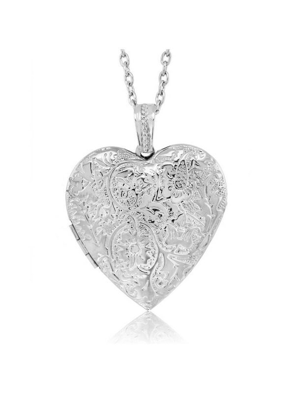 Locket Pendant Necklace Charm 1.5" Engraved Flowers Heart Shape